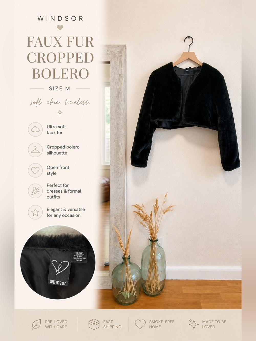 🖤✨ Windsor Black Faux Fur Cropped Bolero – Size M ✨🖤